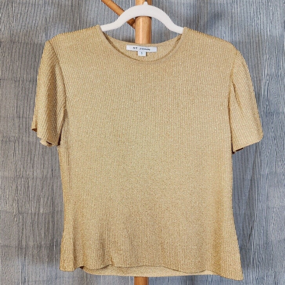 St. John Small $395 Gold Metallic Short Sleeve Santana Crew Neck Knit Sweater